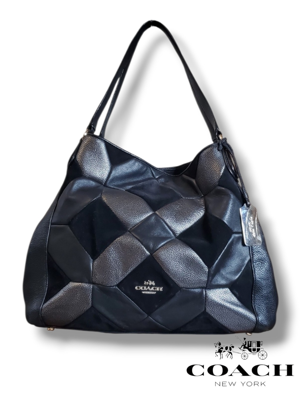 Coach Edie 31 Black Mixed Leather Suede Patchwork Shoulder Bag 36519